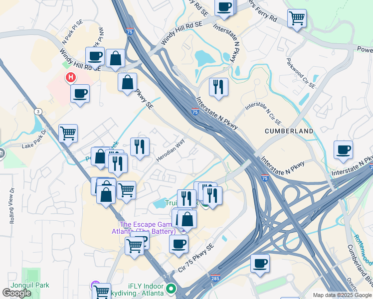 map of restaurants, bars, coffee shops, grocery stores, and more near 2999 Circle 75 Parkway in Atlanta