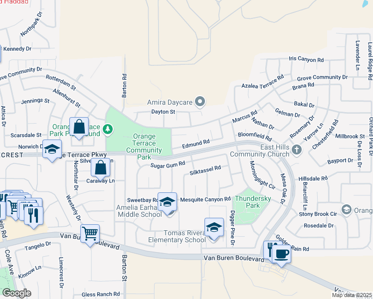 map of restaurants, bars, coffee shops, grocery stores, and more near 20241 Edmund Road in Riverside