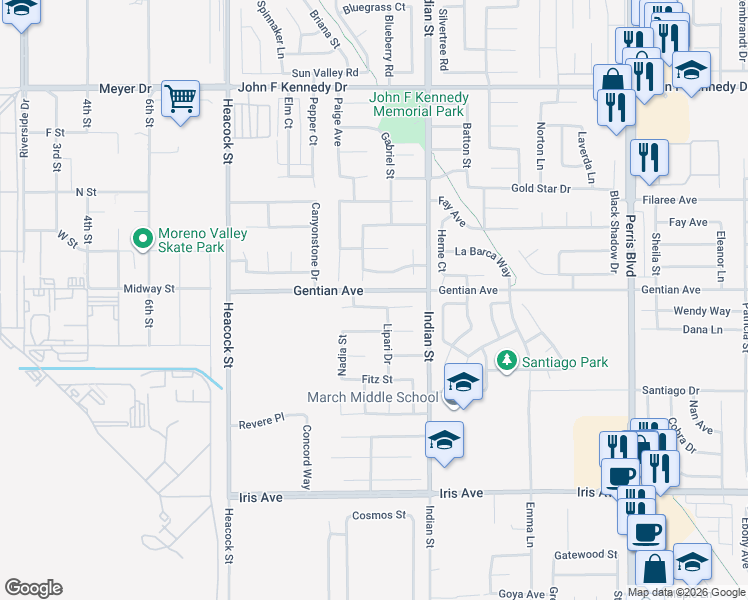 map of restaurants, bars, coffee shops, grocery stores, and more near 24372 Electra Court in Moreno Valley