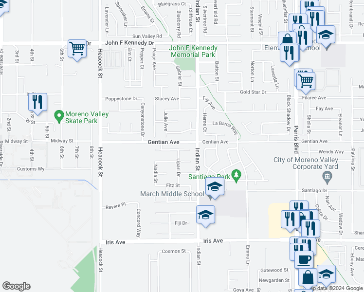 map of restaurants, bars, coffee shops, grocery stores, and more near 24418 Electra Court in Moreno Valley