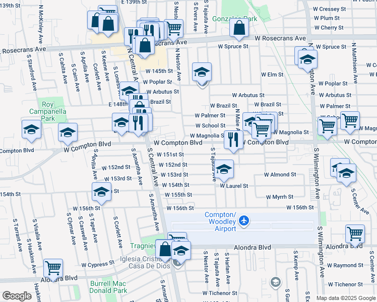 map of restaurants, bars, coffee shops, grocery stores, and more near 1487 West 151st Street in Compton