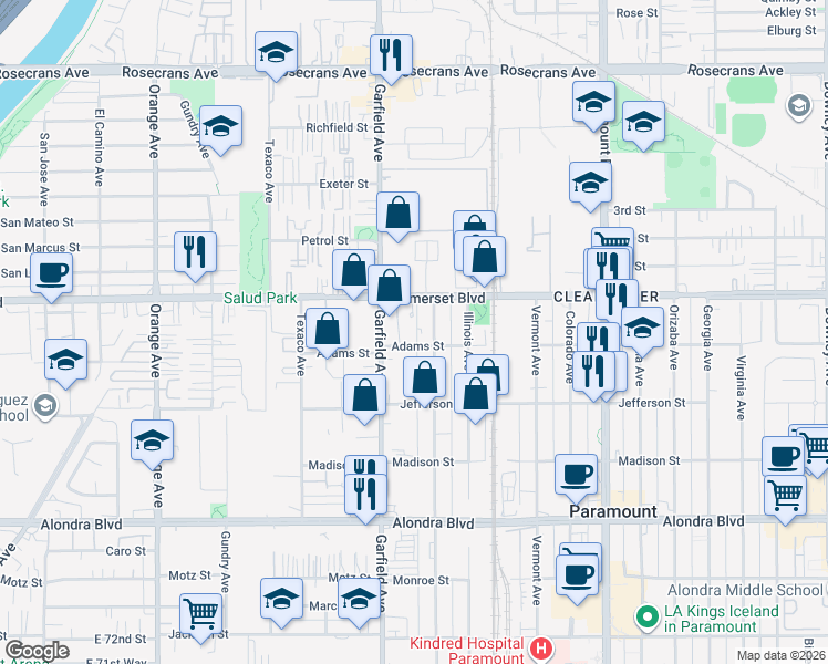 map of restaurants, bars, coffee shops, grocery stores, and more near 15129 Minnesota Avenue in Paramount