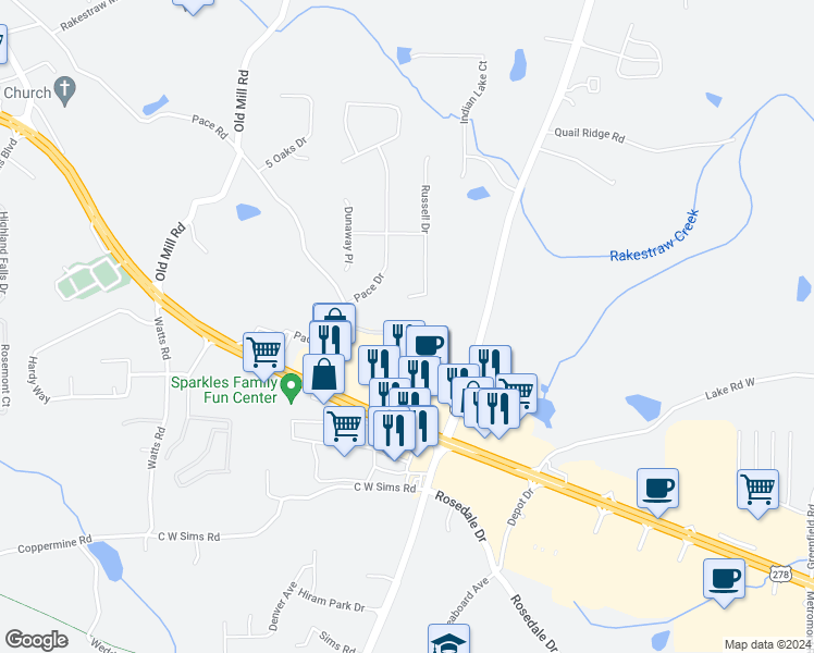 map of restaurants, bars, coffee shops, grocery stores, and more near 232 Hiram Terrace in Hiram