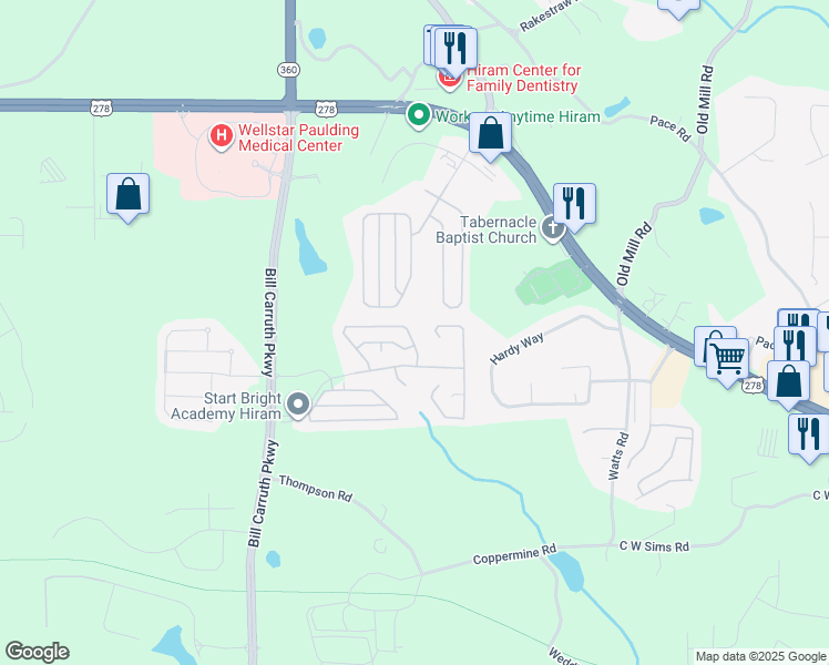 map of restaurants, bars, coffee shops, grocery stores, and more near 283 Greystone Circle in Hiram