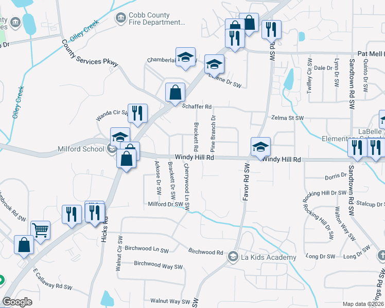map of restaurants, bars, coffee shops, grocery stores, and more near 2381 Beverly Lane in Marietta