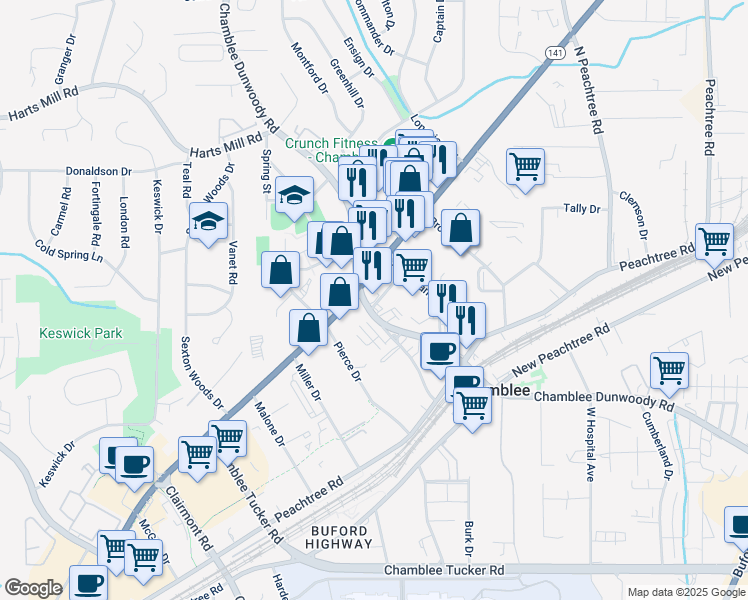 map of restaurants, bars, coffee shops, grocery stores, and more near in Chamblee