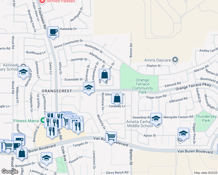 map of restaurants, bars, coffee shops, grocery stores, and more near 19829 Adirondack Lane in Riverside