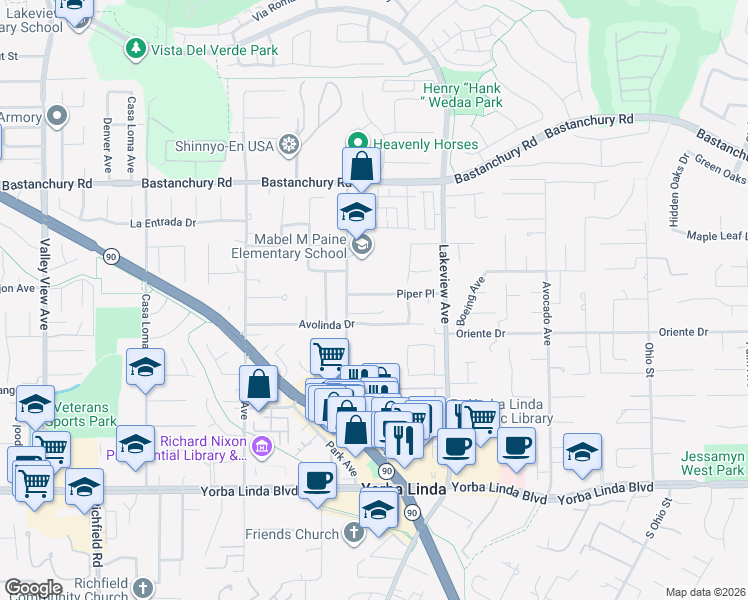 map of restaurants, bars, coffee shops, grocery stores, and more near 18302 Piper Place in Yorba Linda