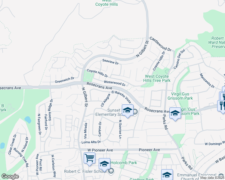 map of restaurants, bars, coffee shops, grocery stores, and more near 2219 El Rancho Vista in Fullerton