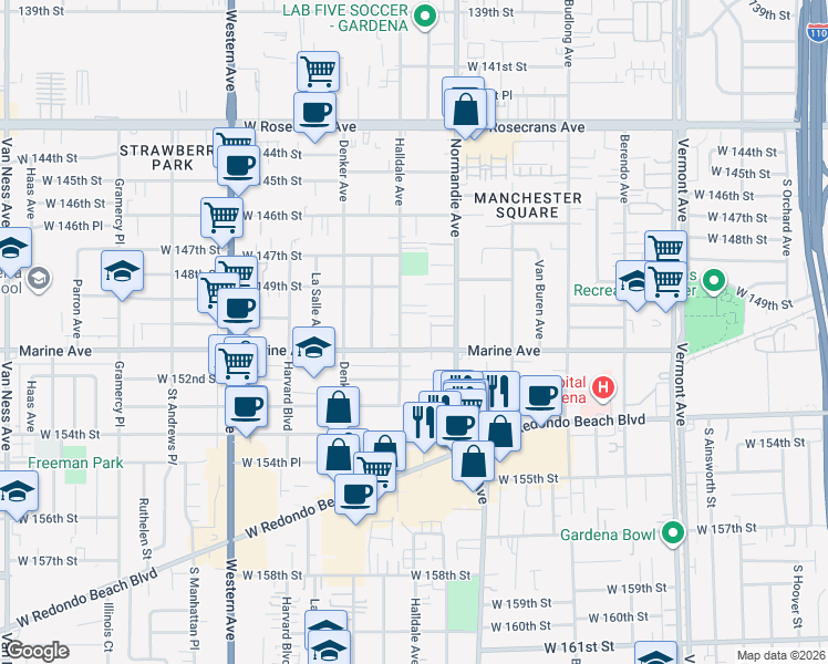 map of restaurants, bars, coffee shops, grocery stores, and more near 15000 Halldale Avenue in Gardena