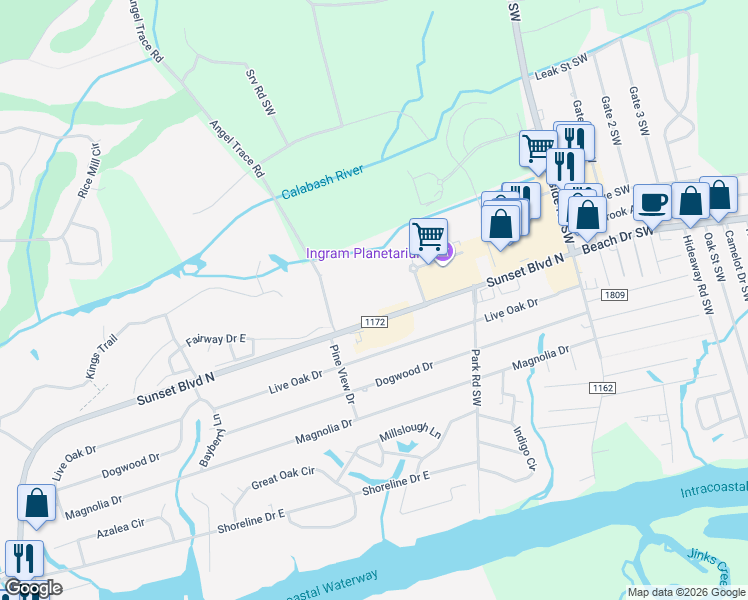 map of restaurants, bars, coffee shops, grocery stores, and more near 7825 High Market Street in Sunset Beach