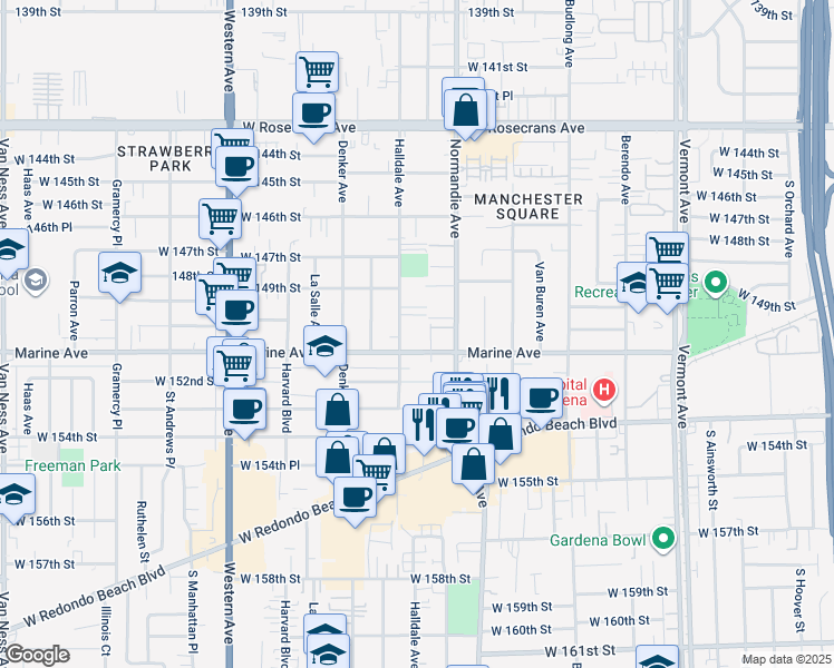 map of restaurants, bars, coffee shops, grocery stores, and more near 15000 Halldale Avenue in Gardena