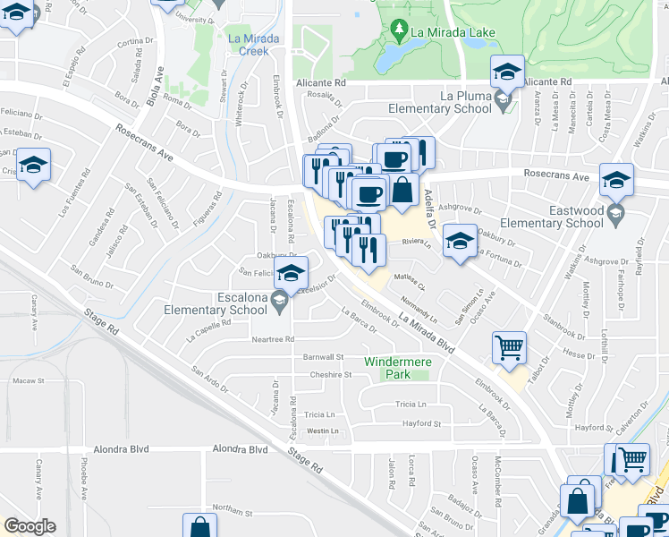 map of restaurants, bars, coffee shops, grocery stores, and more near 15075 Excelsior Drive in La Mirada