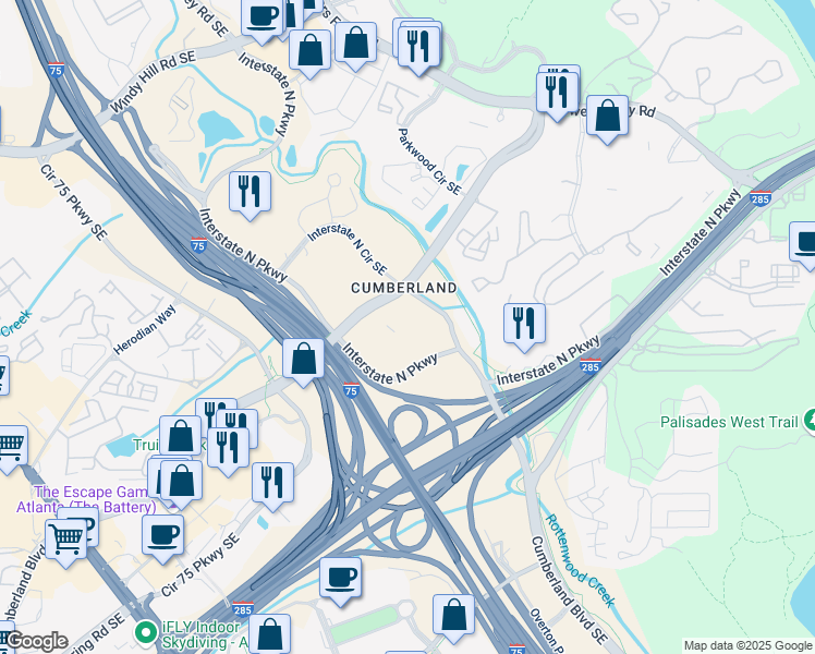 map of restaurants, bars, coffee shops, grocery stores, and more near 360 Interstate North Parkway in Atlanta