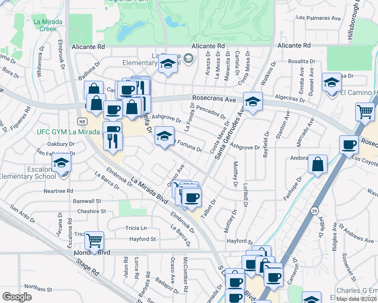 map of restaurants, bars, coffee shops, grocery stores, and more near 15011 La Mesa Drive in La Mirada