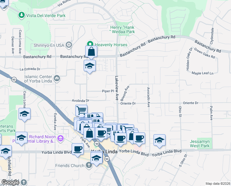 map of restaurants, bars, coffee shops, grocery stores, and more near 18454 Piper Place in Yorba Linda
