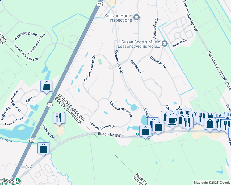 map of restaurants, bars, coffee shops, grocery stores, and more near 3 Heron Court in Carolina Shores