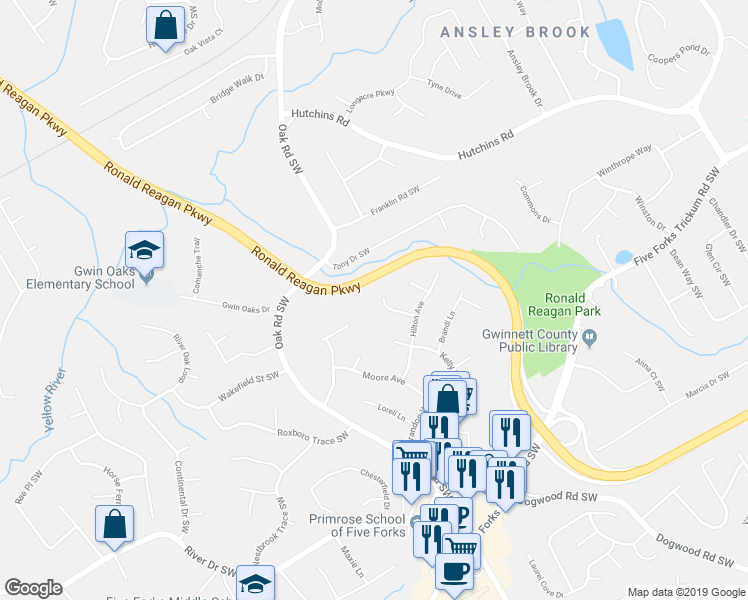 map of restaurants, bars, coffee shops, grocery stores, and more near 2976 Matthew Lane in Lawrenceville