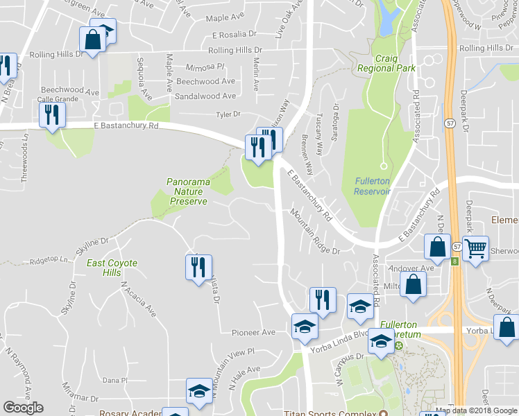 map of restaurants, bars, coffee shops, grocery stores, and more near 2180 Palmetto Terrace in Fullerton