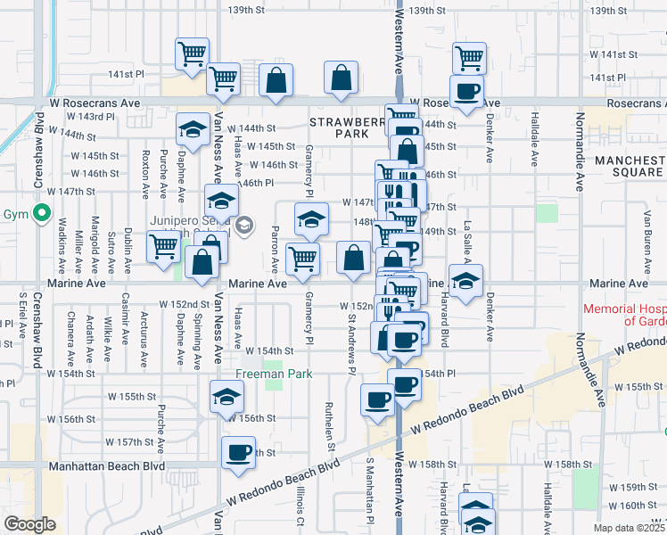 map of restaurants, bars, coffee shops, grocery stores, and more near 1926 West 150th Street in Gardena