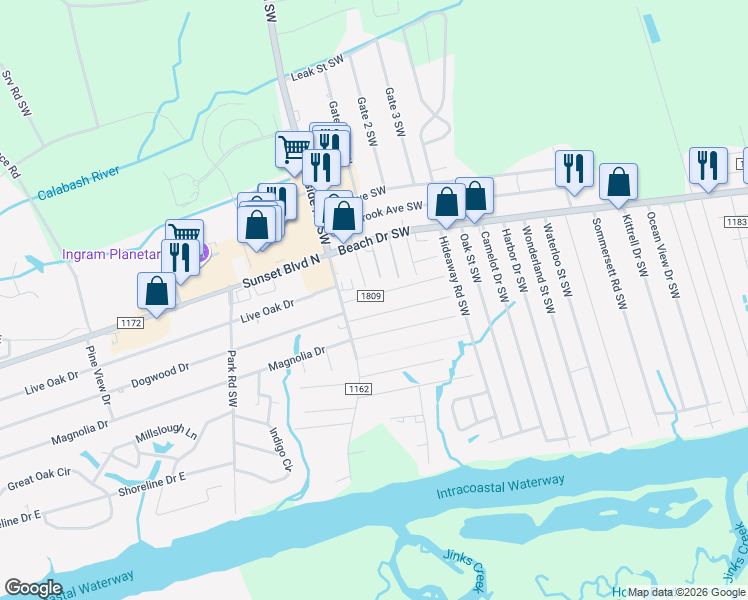 map of restaurants, bars, coffee shops, grocery stores, and more near 7268 Bo Tuck Road Southwest in Ocean Isle Beach