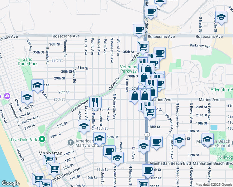 map of restaurants, bars, coffee shops, grocery stores, and more near 2600 North Poinsettia Avenue in Manhattan Beach