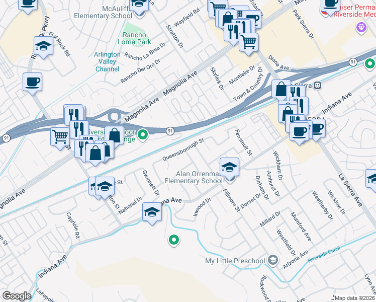 map of restaurants, bars, coffee shops, grocery stores, and more near 11517 Queensborough Street in Riverside