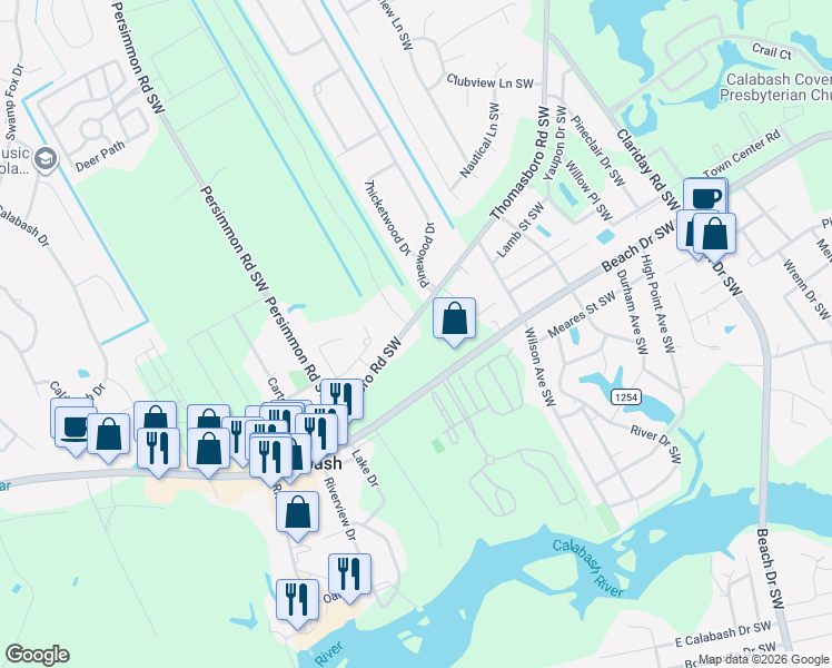 map of restaurants, bars, coffee shops, grocery stores, and more near 1420 Sherman Drive in Calabash