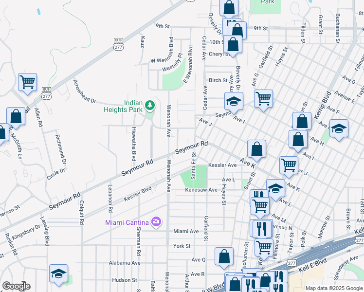 map of restaurants, bars, coffee shops, grocery stores, and more near 3220 Seymour Road in Wichita Falls