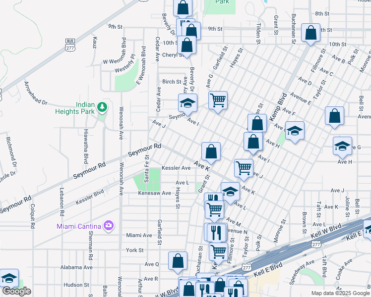 map of restaurants, bars, coffee shops, grocery stores, and more near 2008 Hayes Street in Wichita Falls