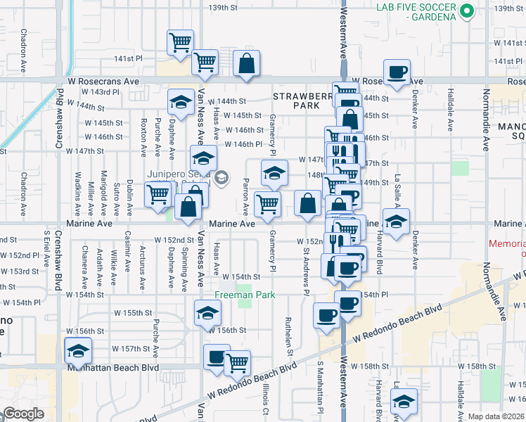 map of restaurants, bars, coffee shops, grocery stores, and more near 15015 Gramercy Place in Gardena
