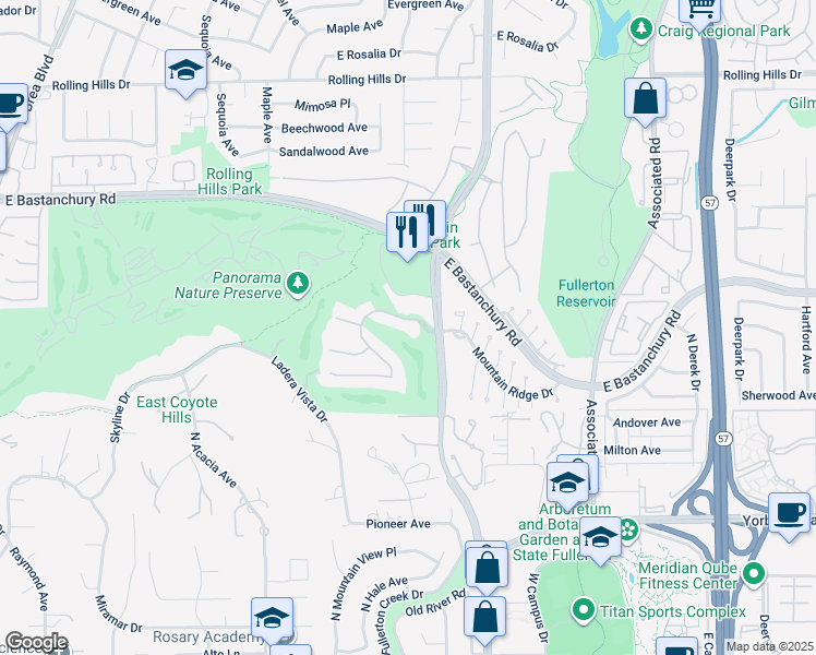map of restaurants, bars, coffee shops, grocery stores, and more near 2180 Palmetto Terrace in Fullerton