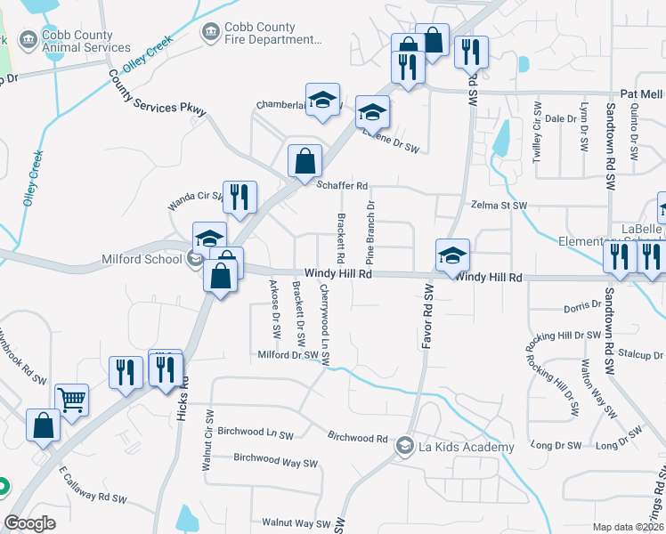 map of restaurants, bars, coffee shops, grocery stores, and more near 2381 Beverly Lane in Marietta