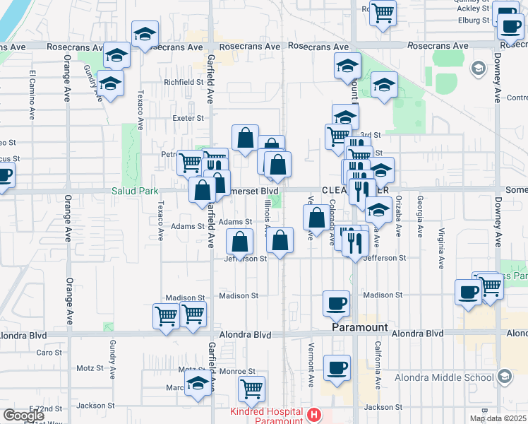 map of restaurants, bars, coffee shops, grocery stores, and more near 15135 Illinois Avenue in Paramount
