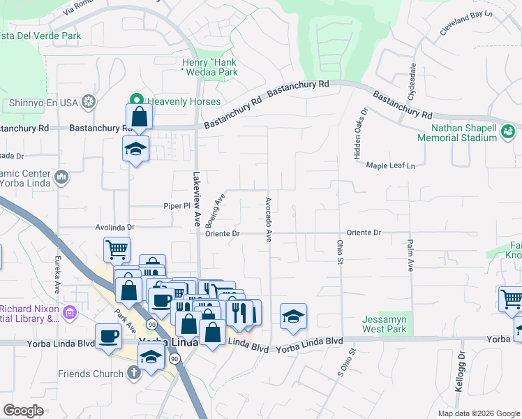 map of restaurants, bars, coffee shops, grocery stores, and more near 18712 Piper Place in Yorba Linda