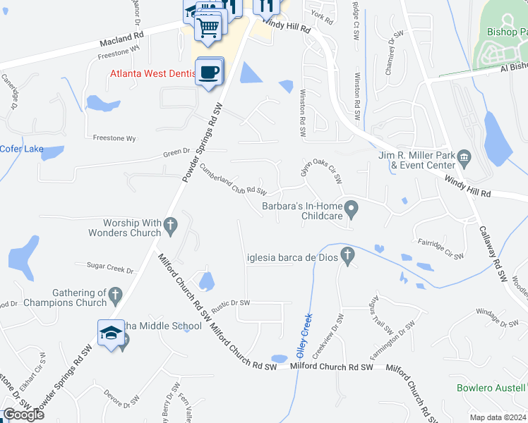 map of restaurants, bars, coffee shops, grocery stores, and more near 2361 Loren Falls Lane Southwest in Marietta