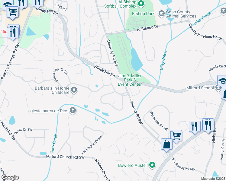map of restaurants, bars, coffee shops, grocery stores, and more near 1361 Fairridge Circle Southwest in Marietta