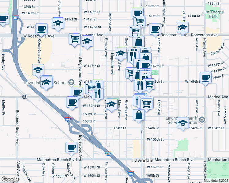 map of restaurants, bars, coffee shops, grocery stores, and more near 15006 Kingsdale Avenue in Lawndale