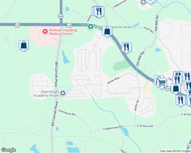 map of restaurants, bars, coffee shops, grocery stores, and more near 48 Rosemont Court in Hiram