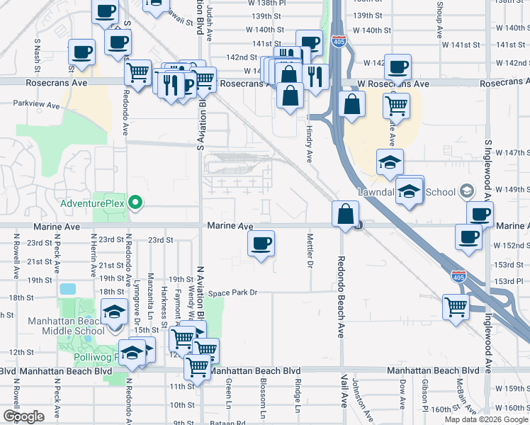 map of restaurants, bars, coffee shops, grocery stores, and more near 5485 Marine Avenue in Lawndale