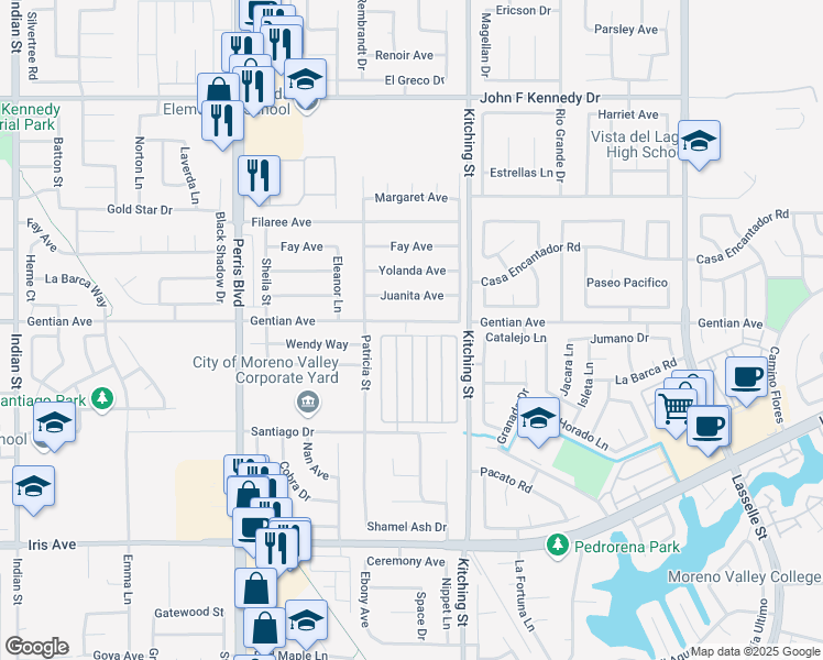 map of restaurants, bars, coffee shops, grocery stores, and more near 25337 Gentian Avenue in Moreno Valley