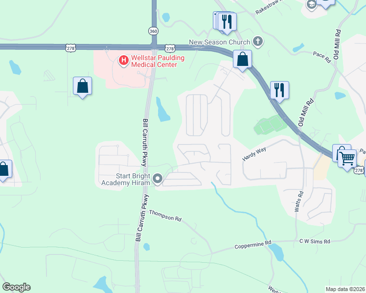 map of restaurants, bars, coffee shops, grocery stores, and more near 154 Greystone Circle in Hiram
