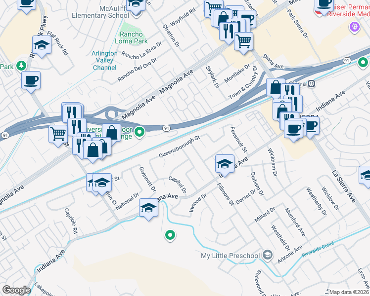map of restaurants, bars, coffee shops, grocery stores, and more near 3579 Paine Drive in Riverside