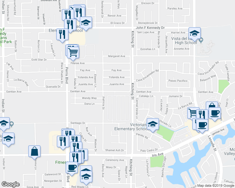 map of restaurants, bars, coffee shops, grocery stores, and more near 25341 Gentian Avenue in Moreno Valley