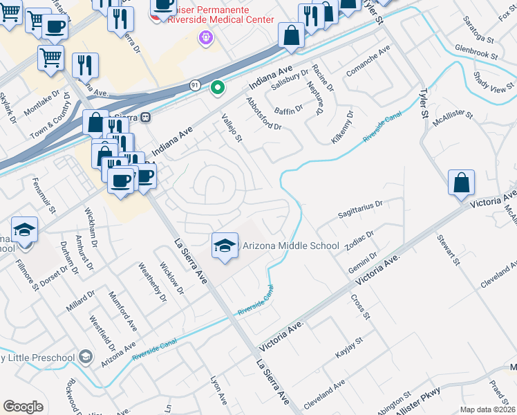 map of restaurants, bars, coffee shops, grocery stores, and more near 10876 Portofino Lane in Riverside