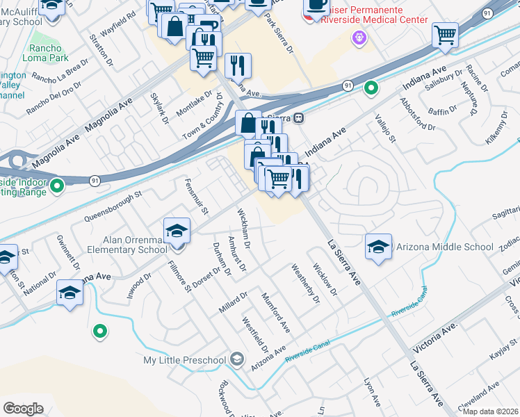 map of restaurants, bars, coffee shops, grocery stores, and more near 3361 Norfolk Drive in Riverside