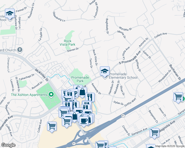 map of restaurants, bars, coffee shops, grocery stores, and more near 606 Rock Vista Drive in Corona