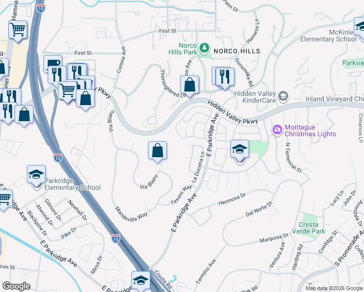 map of restaurants, bars, coffee shops, grocery stores, and more near 898 Pala Mesa Drive in Corona