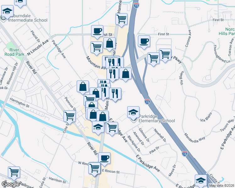 map of restaurants, bars, coffee shops, grocery stores, and more near 853 North Main Street in Corona