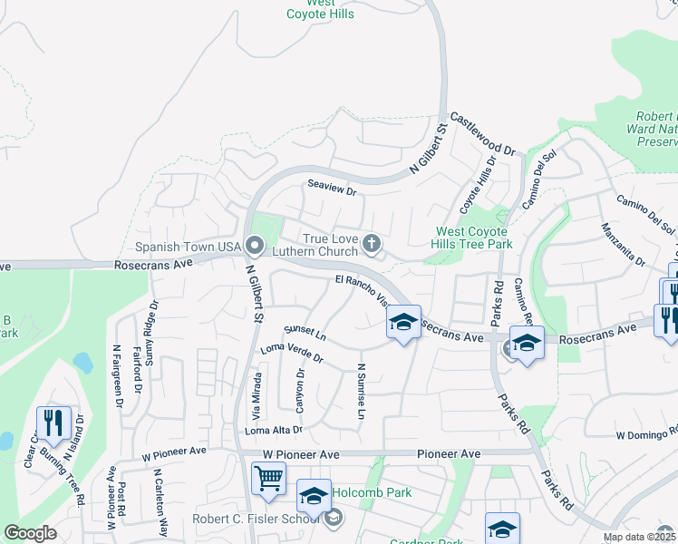 map of restaurants, bars, coffee shops, grocery stores, and more near 2219 El Rancho Vista in Fullerton